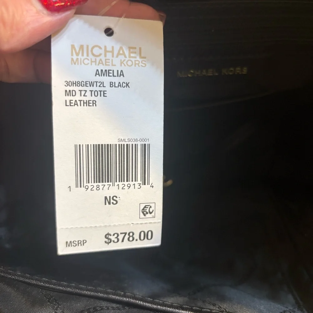 NWT Michael Kors Amelia Tote Black Luxe Leather Medium Top-Zip Crossbody FLAWED